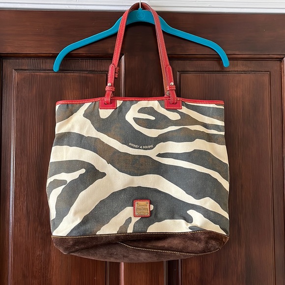 Dooney & Bourke Zebra Print Canvas and Suede Handbag with Red Accents - Picture 1 of 13